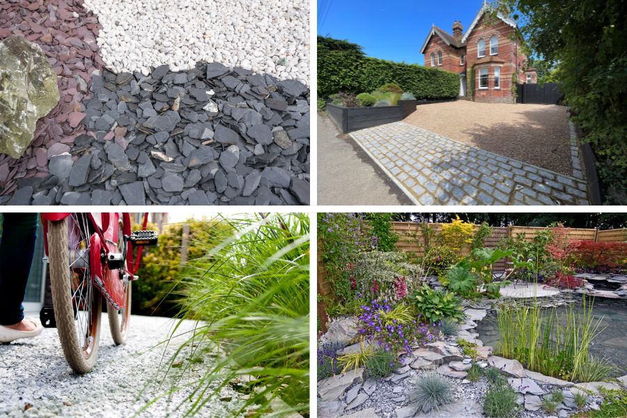 Image showing examples of 4 popular uses for decorative aggregates